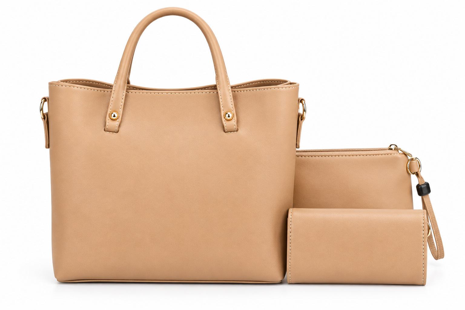 Elegant Beige 3-Piece Women's Handbag Set with Matching Wallet & Pouch