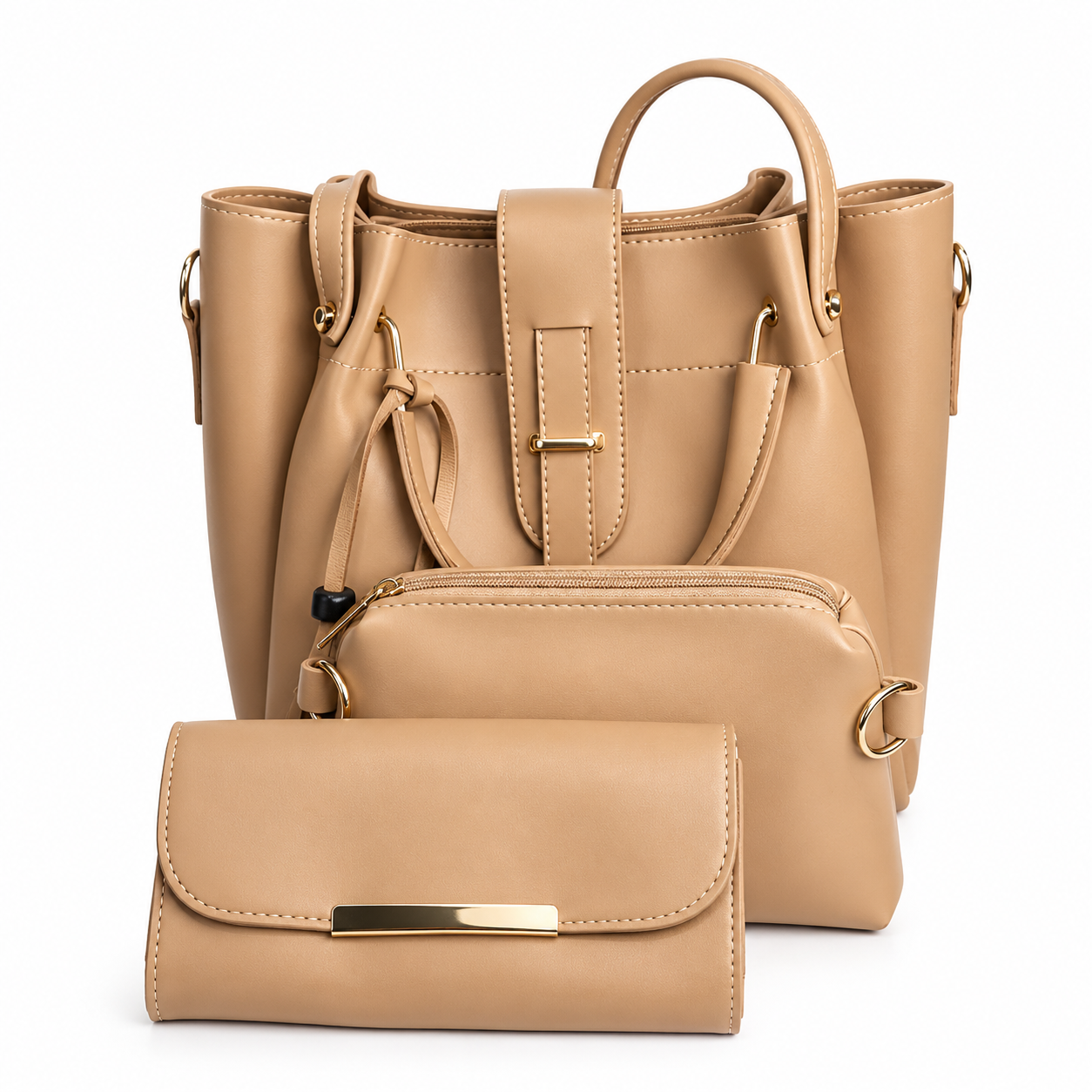 Elegant Beige 3-Piece Women's Handbag Set with Matching Wallet & Pouch