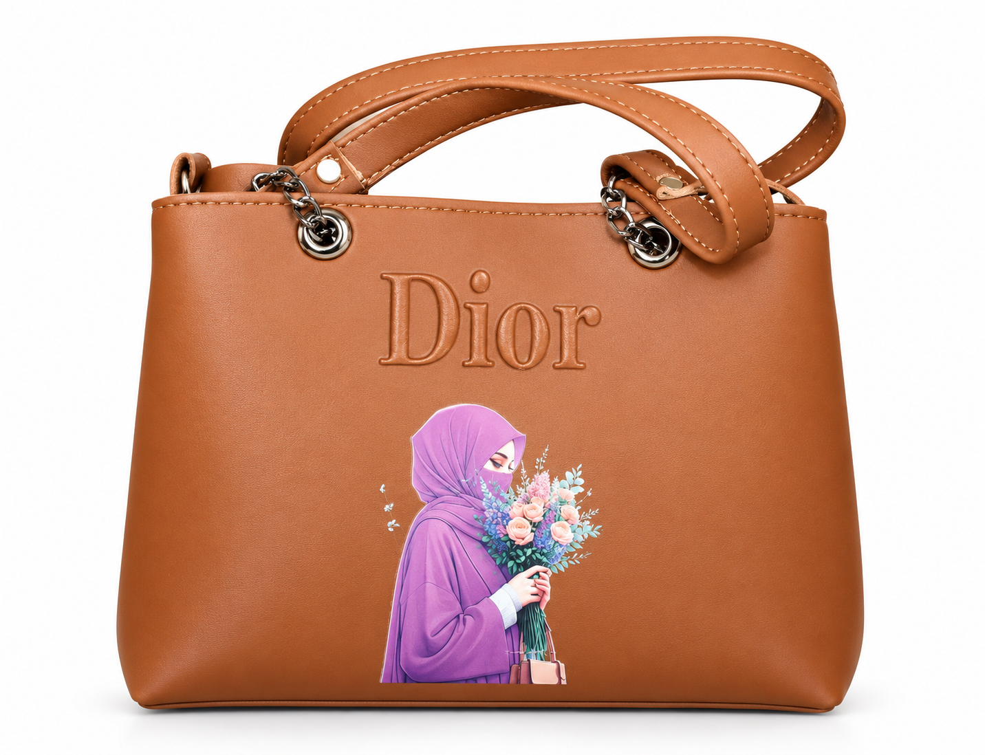 Elegant Tan Women's Handbag with Hijab Girl Printed Design