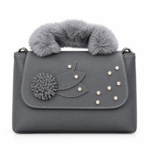 Elegant Grey Women’s Handbag with Fur Handle & Stylish Embellishments