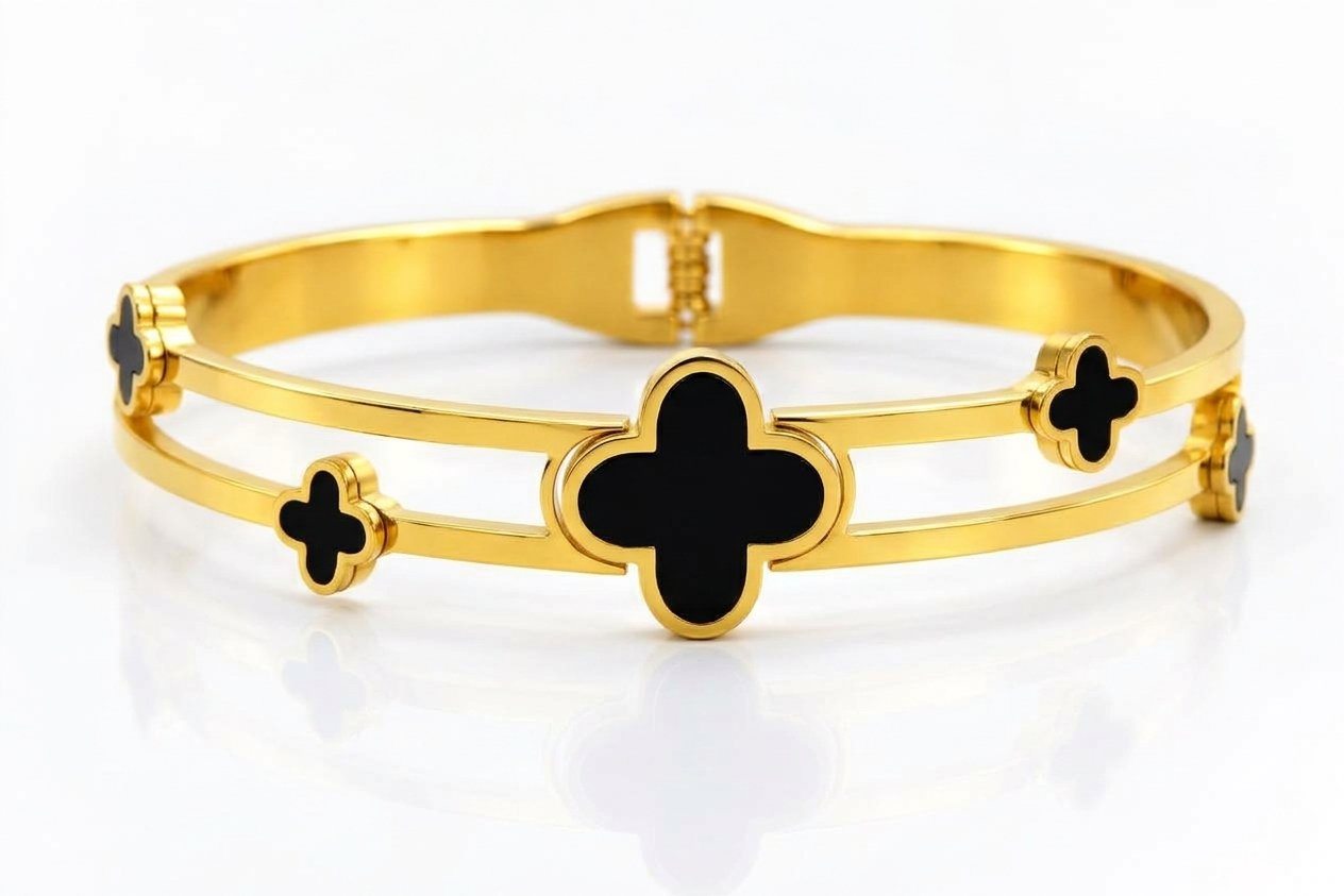 Stainless Steel Black Clover Double-Band Bangle