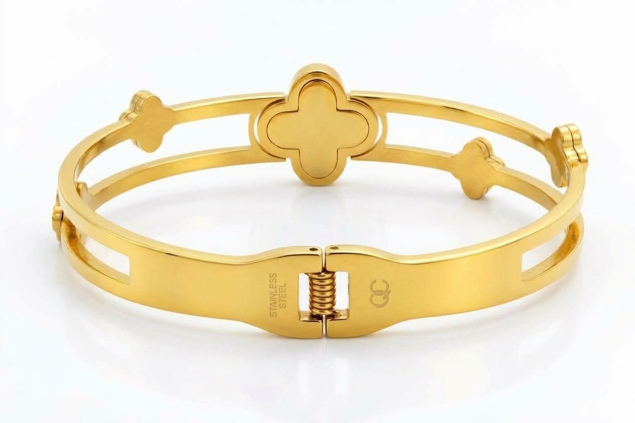 Stainless Steel Black Clover Double-Band Bangle