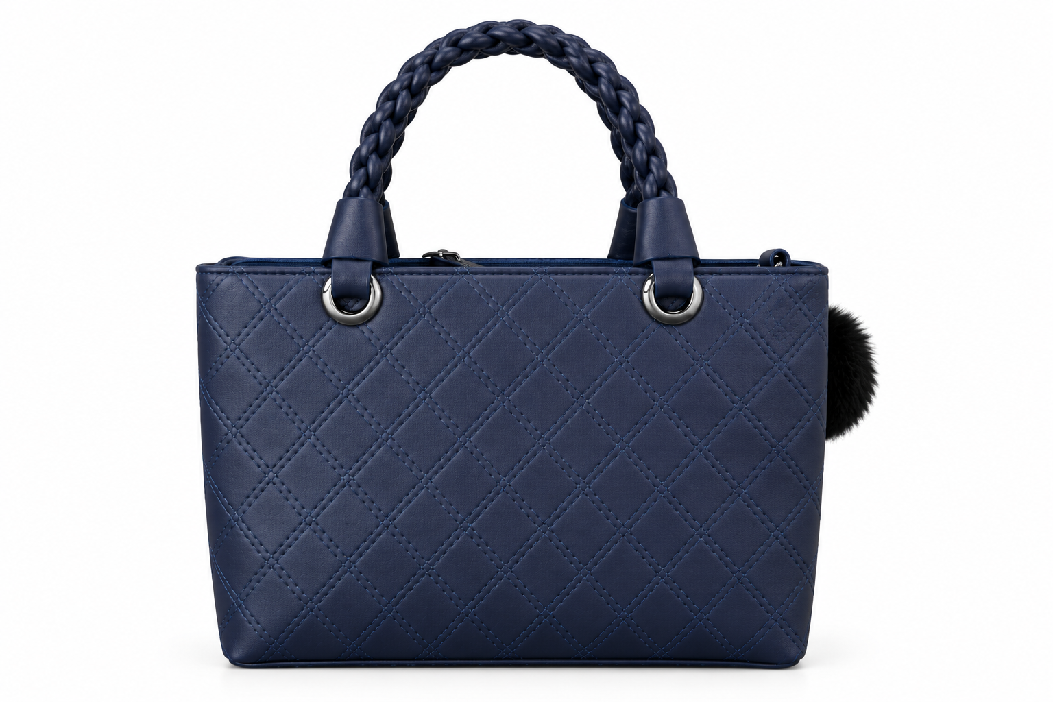Elegant Navy Blue Quilted Women's Handbag with Braided Handles