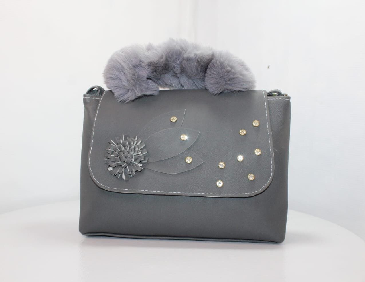Elegant Grey Women’s Handbag with Fur Handle & Stylish Embellishments