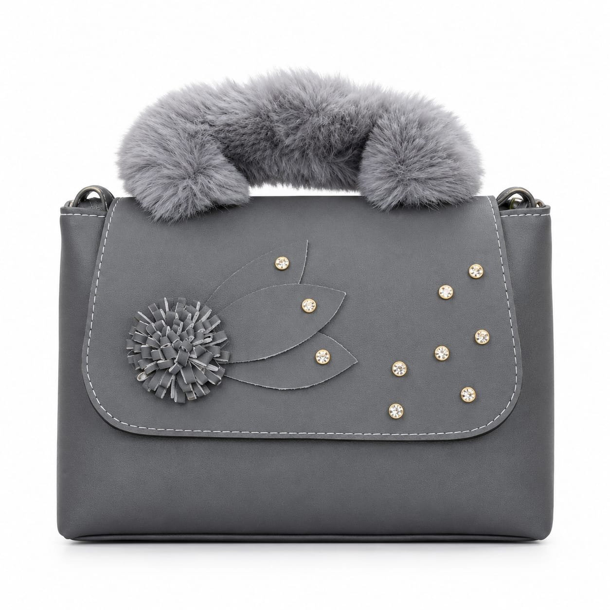 Elegant Grey Women’s Handbag with Fur Handle & Stylish Embellishments