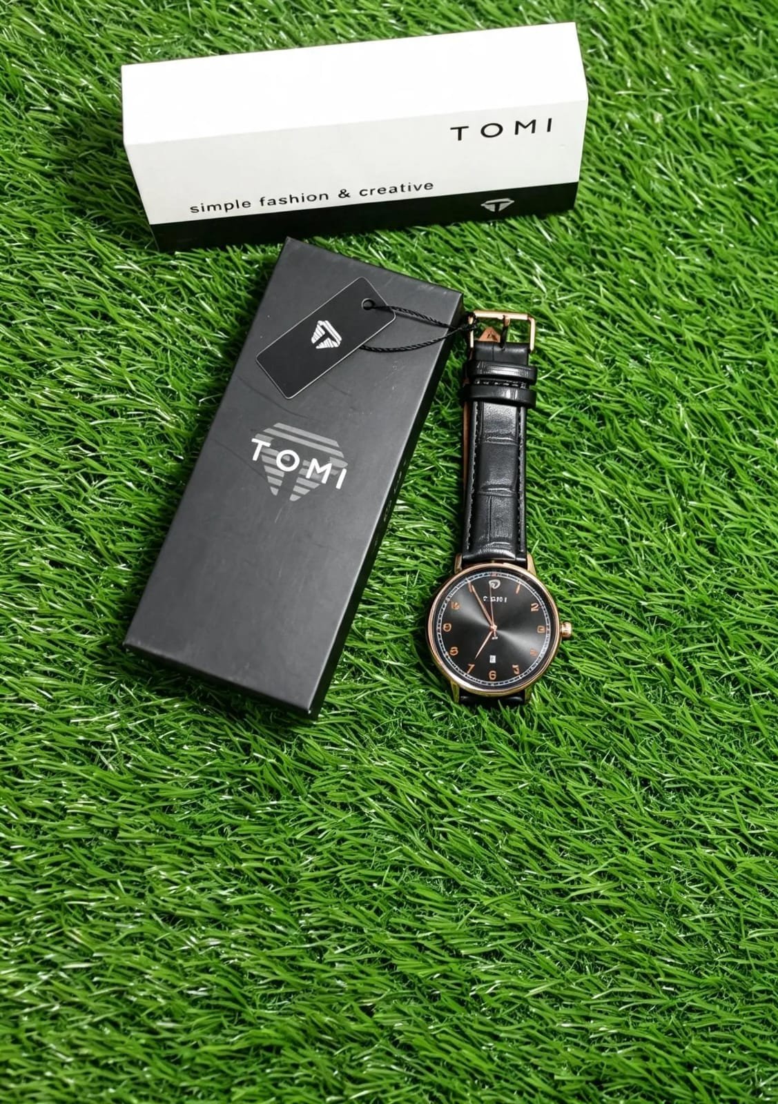 TOMI Men's Black Dial Watch with Black Leather Strap