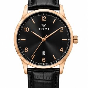 TOMI Men’s Black Dial Watch with Black Leather Strap