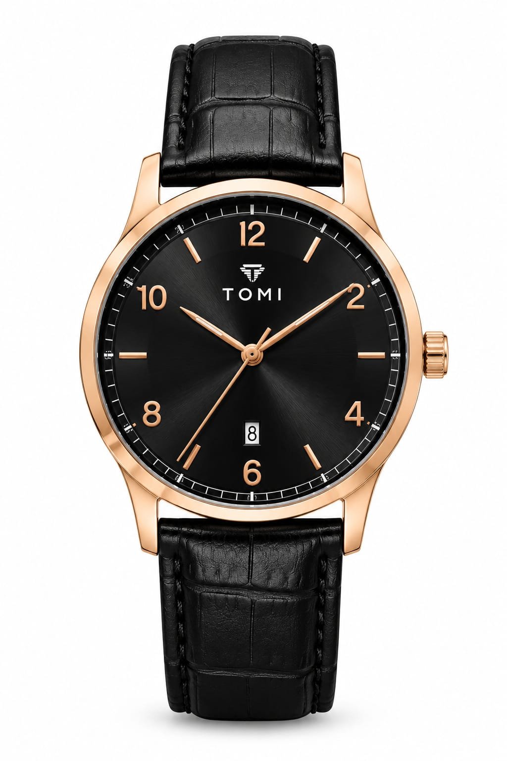 TOMI Men's Black Dial Watch with Black Leather Strap