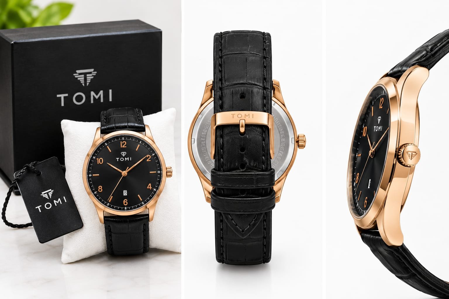 TOMI Men's Black Dial Watch with Black Leather Strap