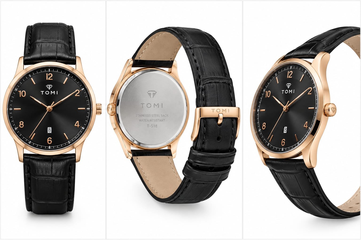 TOMI Men's Black Dial Watch with Black Leather Strap