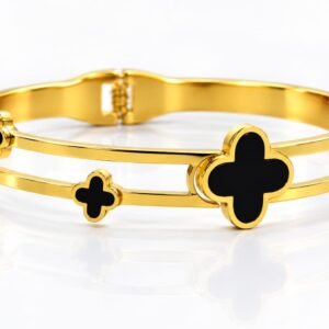 Stainless Steel Black Clover Double-Band Bangle