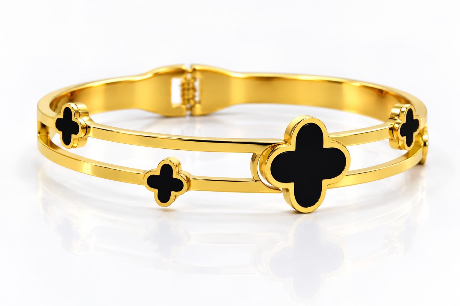 Stainless Steel Black Clover Double-Band Bangle